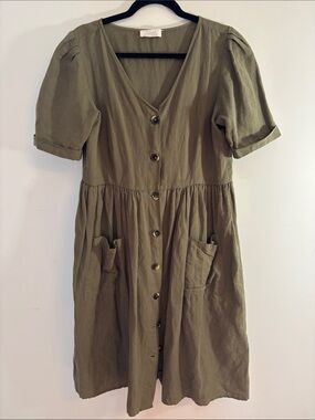 Oak + Fort short sleeve olive green peasant linen/cotton dress
